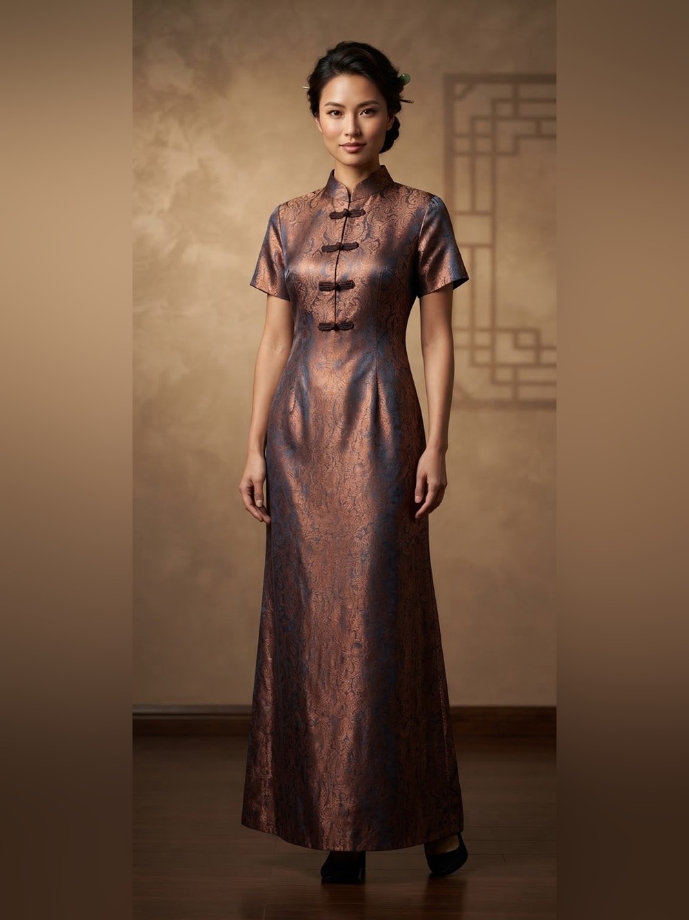 Vintage Cheongsam Qipao Womens Maxi Dress Copper Blue Paisley Brocade Size M